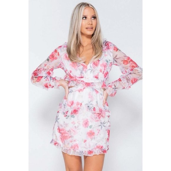 Floral Long Sleeve V-Neck Open Tie Back Mini Dress - Picture 3 of 14